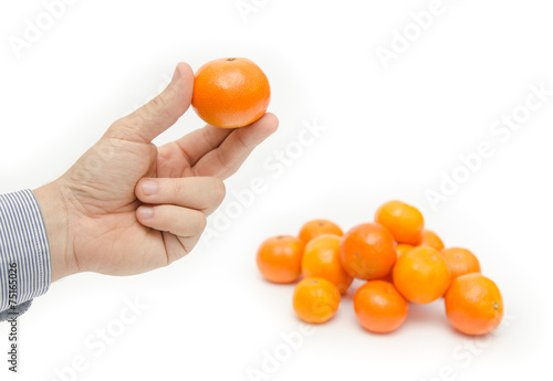 Fresh orange fruit being held with three fingers photo