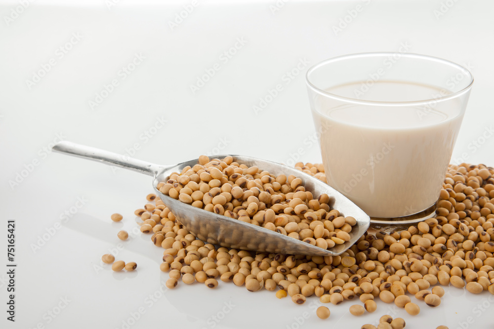 Soy milk in glass with soybeans and transfer scoop Soy milk in glass with soybeans and transfer scoop