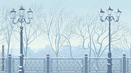 Horizontal illustration of snowy park in blue tone.