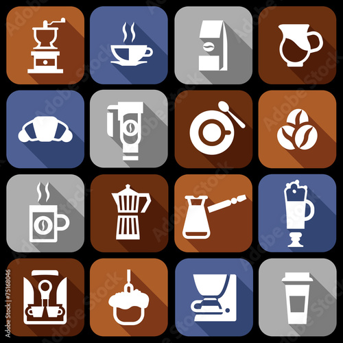 Coffee icons flat shadow set
