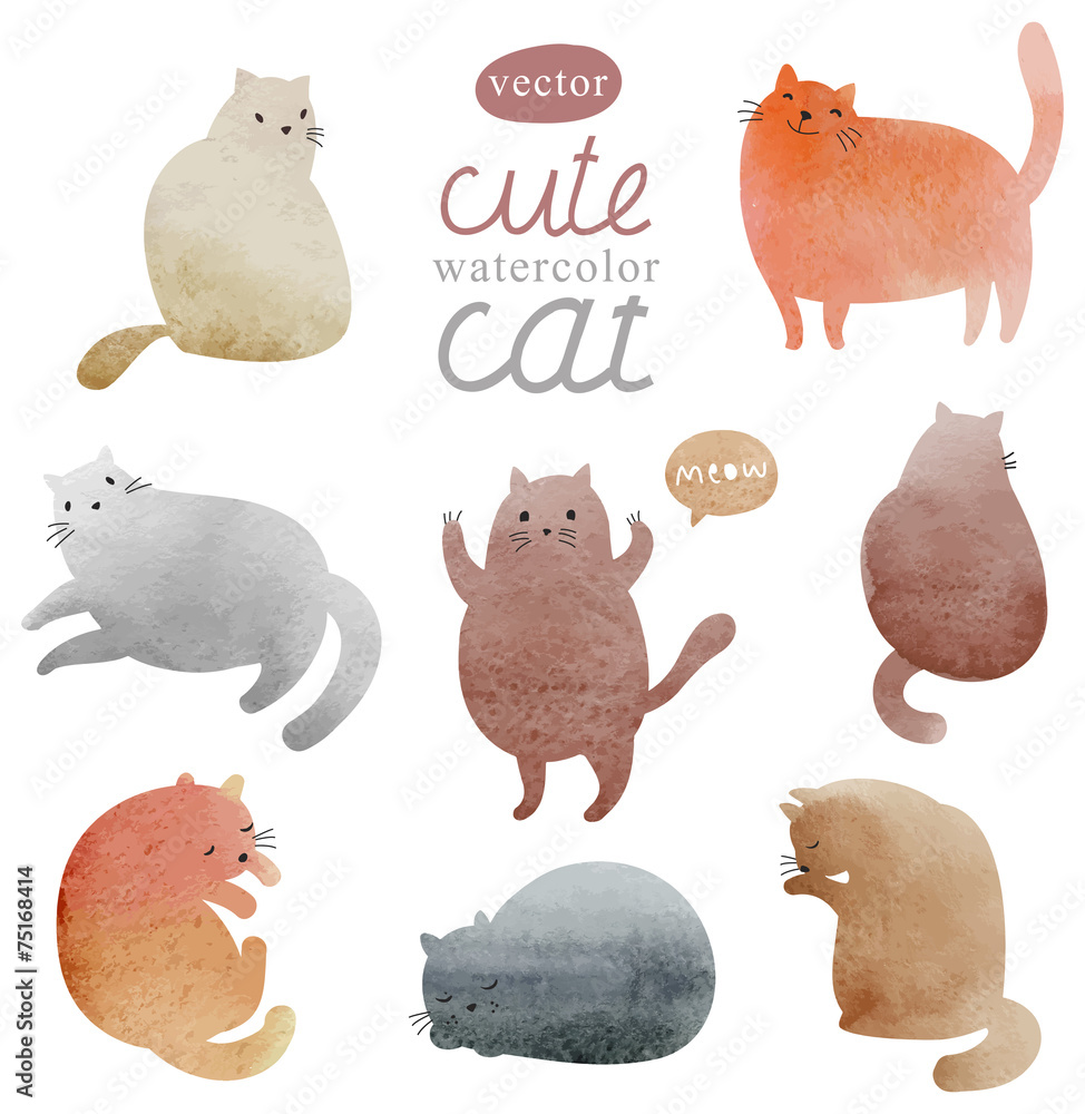 Obraz premium Watercolor vector set cute cat