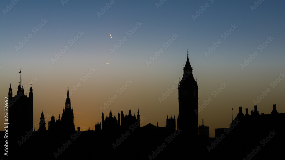 Silhouette of the Houses of Parliament and Big Ben at sunset