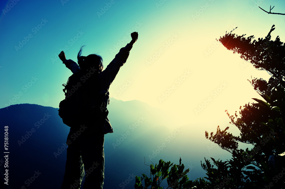 Fototapeta premium cheering woman hiker open arms at mountain peak 