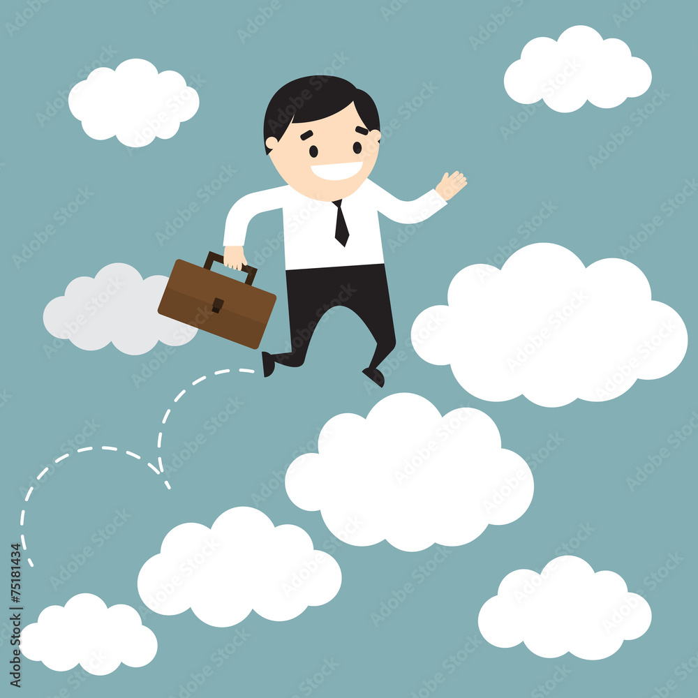 Businessman jumping on clouds and holding the office bag. Busine Businessman jumping on clouds and holding the office bag. Busine