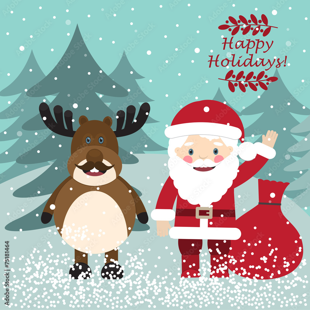 Santa Claus and funny deer. Christmas postcard