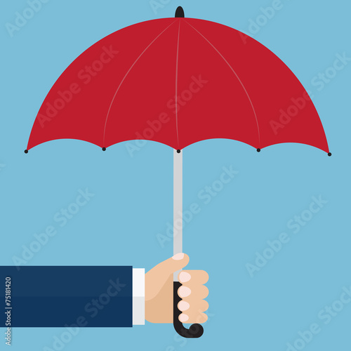 Hand holding a red umbrella. Protection concept. Vector illustra