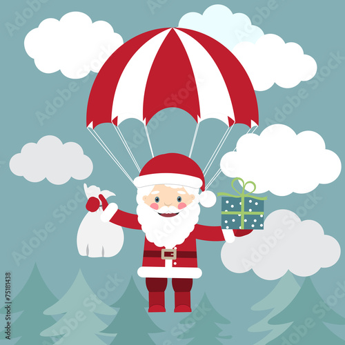 Santa Claus flying with a parachute with presents in the sky. Ve