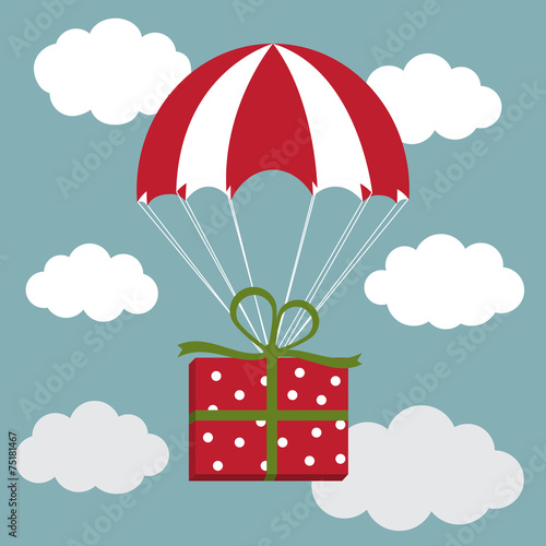 Red and white parachute with the present in the sky. Delivery Co