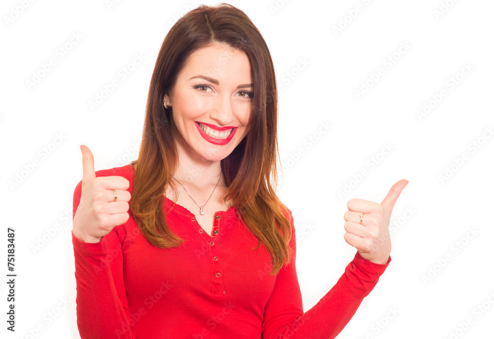 cheerful sexy woman in red shows thumbs up with two hands cheerful sexy woman in red shows thumbs up with two hands