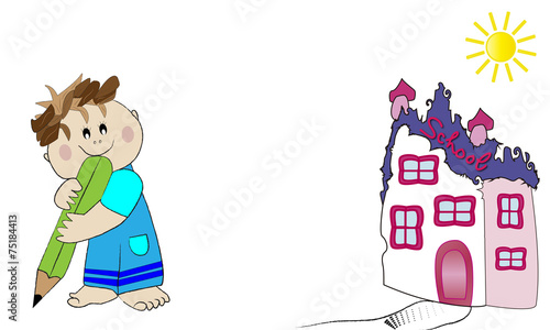 Niño con lápiz y colegio.