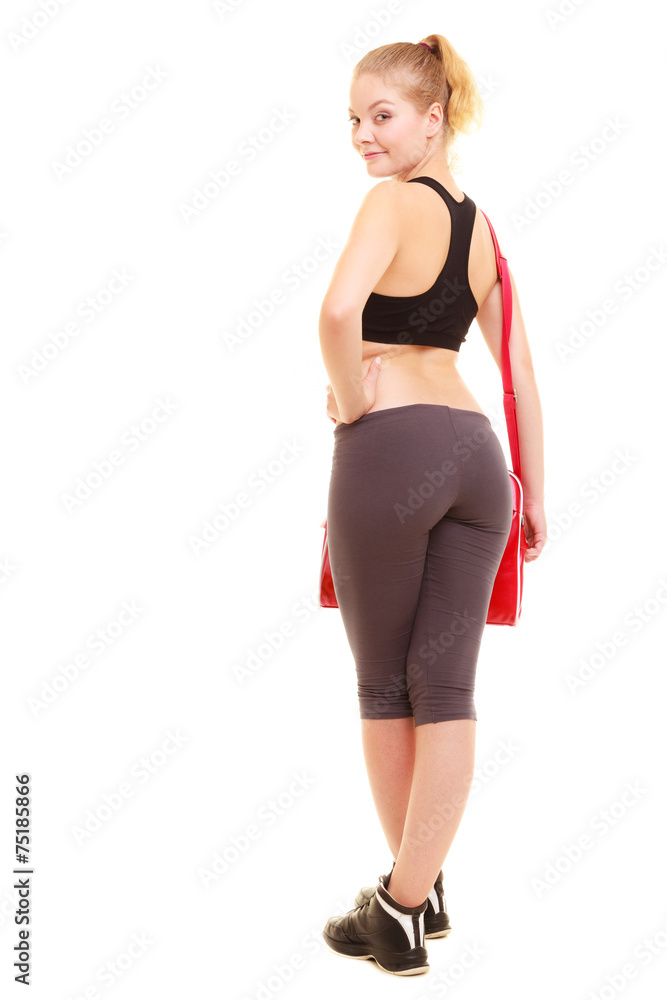 Sport. Back of fitness sporty girl in sportswear with gym bag Sport. Back of fitness sporty girl in sportswear with gym bag