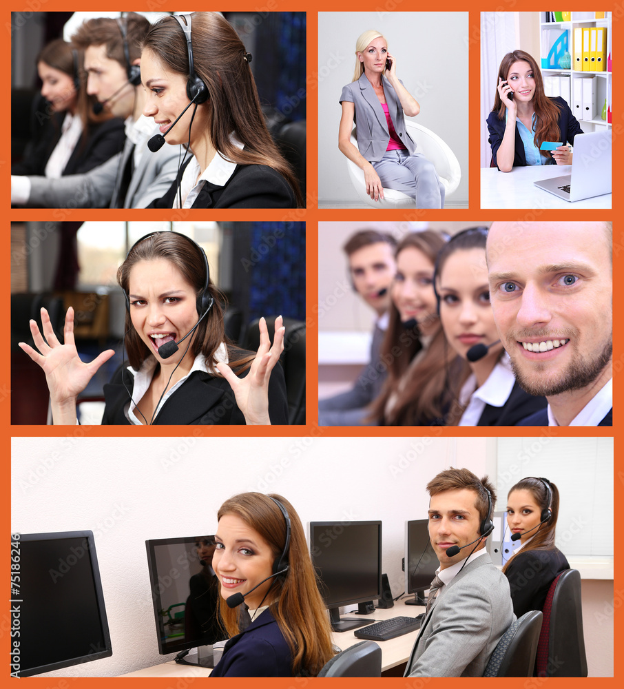Call-center collage. People answering the phones Call-center collage. People answering the phones
