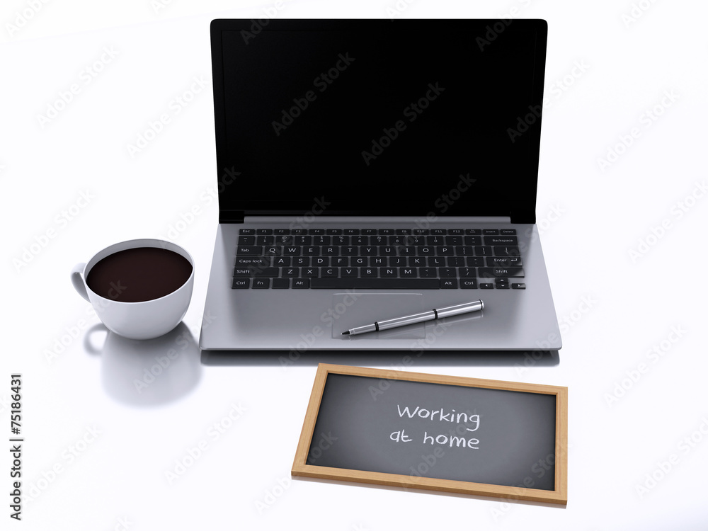 3d chalkboard, cup of coffee and laptop pc. working at home conc 3d chalkboard, cup of coffee and laptop pc. working at home conc