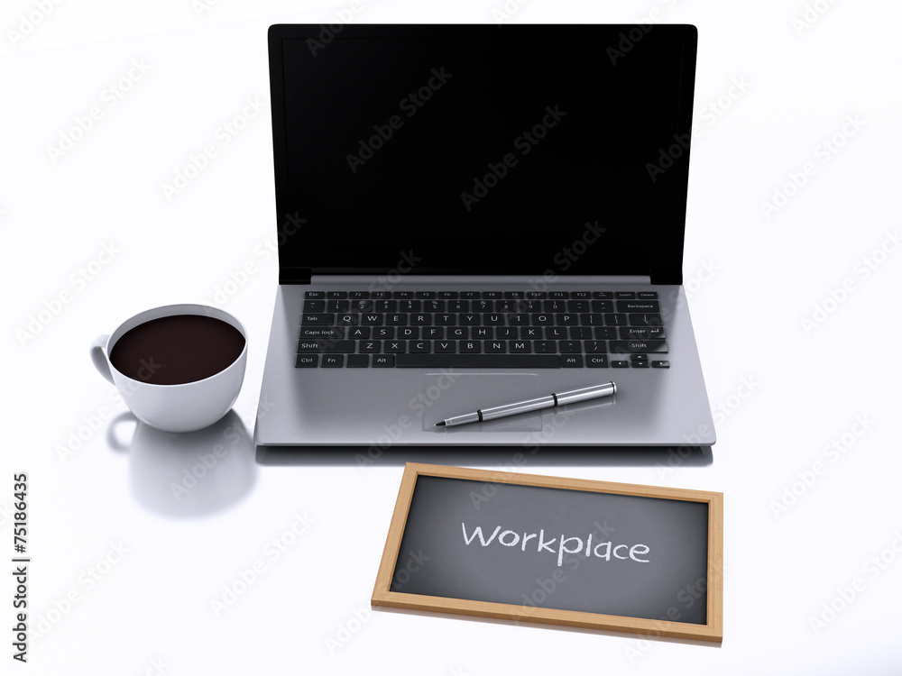3d chalkboard, cup of coffee and laptop on white background 3d chalkboard, cup of coffee and laptop on white background