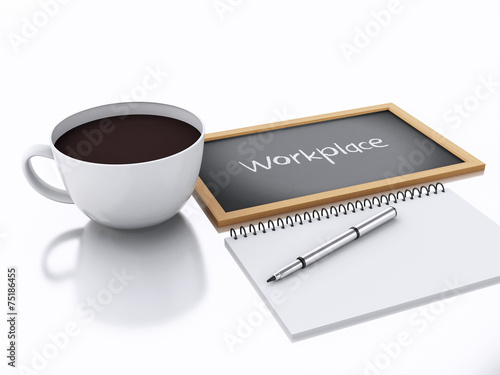 3d notepad and cup of coffee. workplace concept on white backgro
