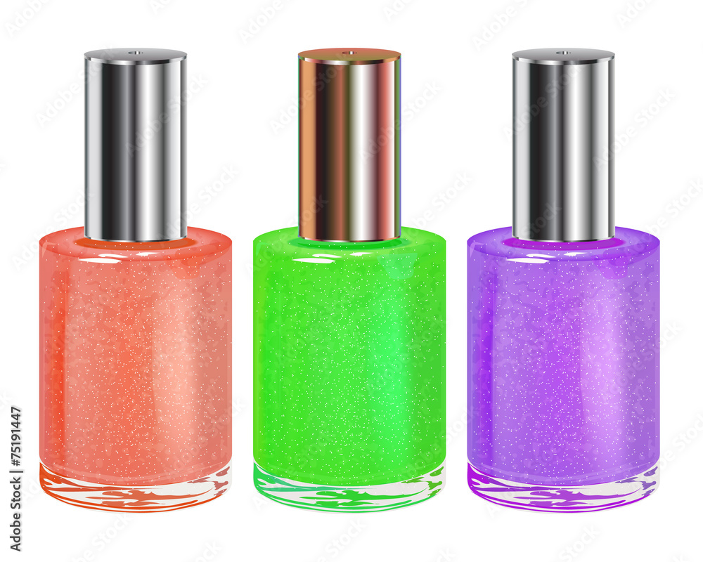 Nail polish with silver cap. Vector set. Nail polish with silver cap. Vector set.
