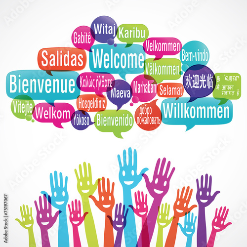 nuage de mots & mains souriantes : bienvenue