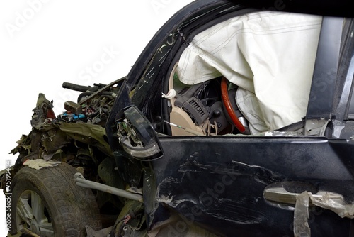 Revealed safety cushion in crumpled car in road accident