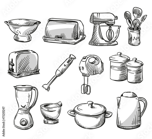 Set of kitchen appliance. Household utensils.