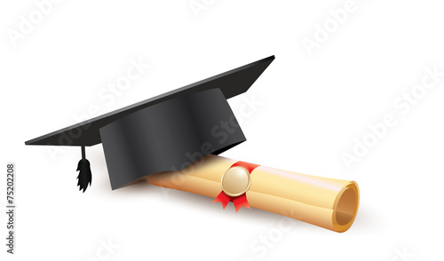 Black graduation cap with degree Isolated on white