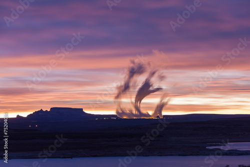 Lake Powell at sunrise, clouds and Navajo power station