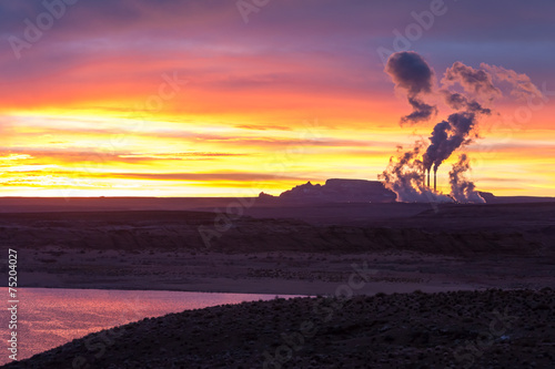 Lake Powell at sunrise, clouds and Navajo power station