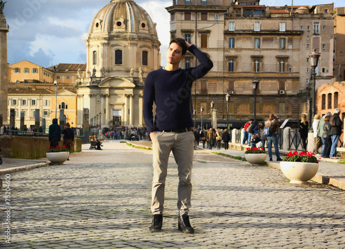 Photography Young man in Rome in front of Santa Maria di Loreto church