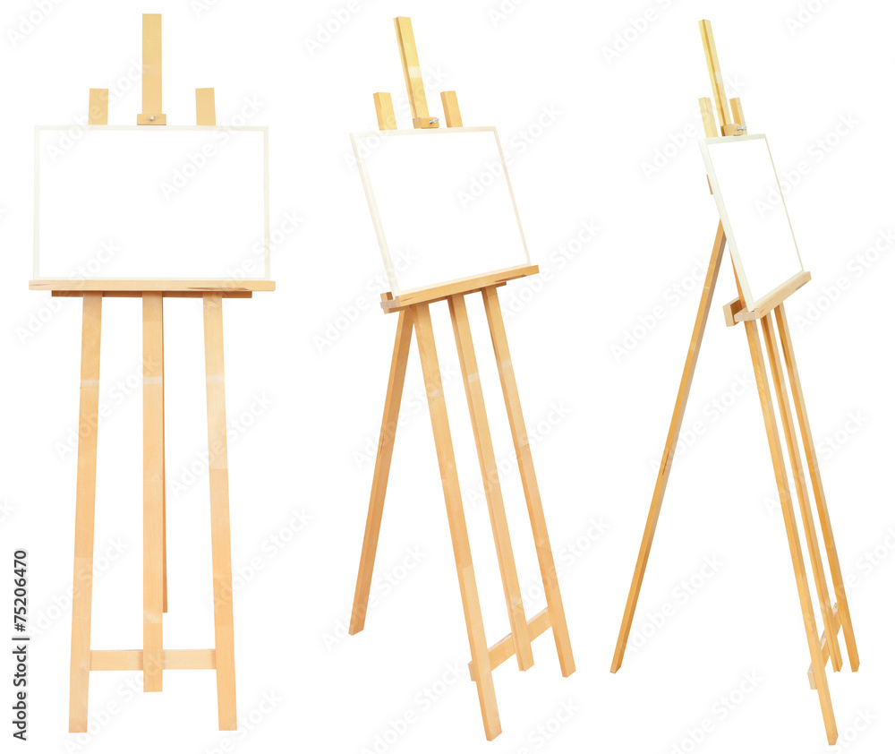set of wooden easels with picture frame isolated
