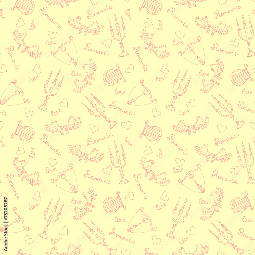 Vector pattern with hand drawn romantic theme on beige Vector pattern with hand drawn romantic theme on beige