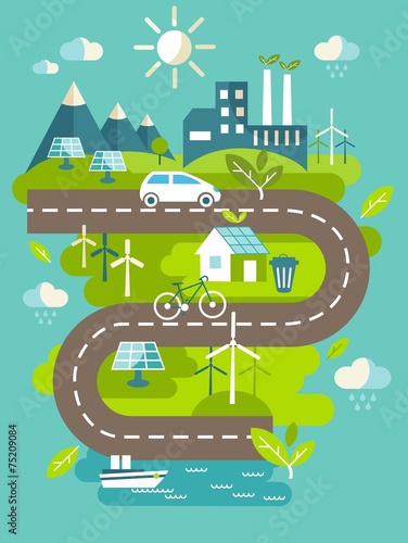 Landscape with nature ecology elements in flat style