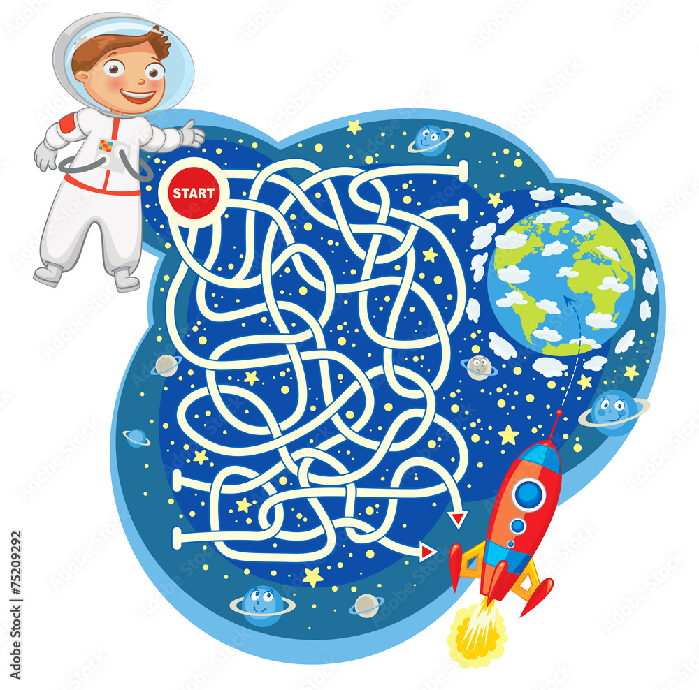 Fototapeta premium Maze Game with Solution. Funny cartoon character