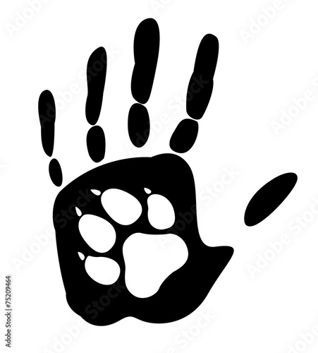 Dog - man's best friend. Handprint human and animal paw print