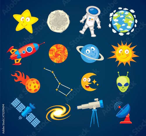 Trendy astronomy icons. Funny cartoon character