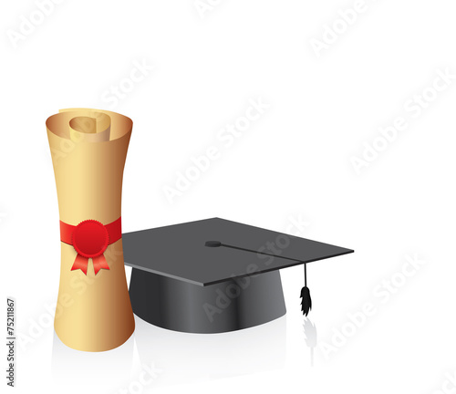 Black graduation cap with degree Isolated on white