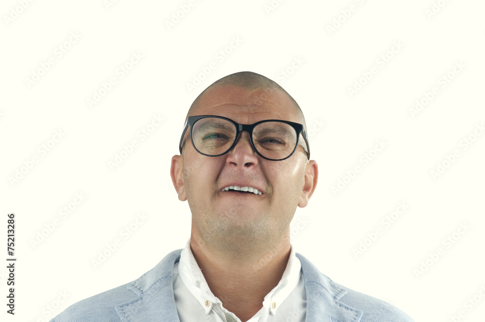 man doing silly face with nerd glasses isolated