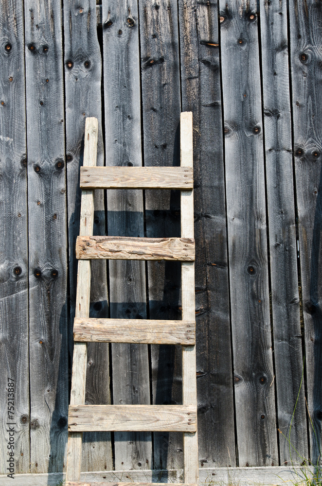 Old wood ladder leaning over a grey wooden wall. Old wood ladder leaning over a grey wooden wall.