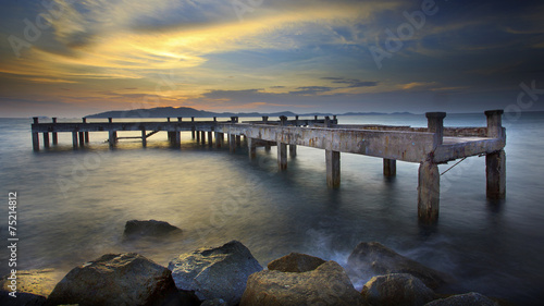 damage of old piers structure with beautiful morning light