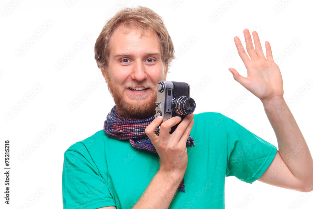 Portret of funny cheerful photographer with camera Portret of funny cheerful photographer with camera