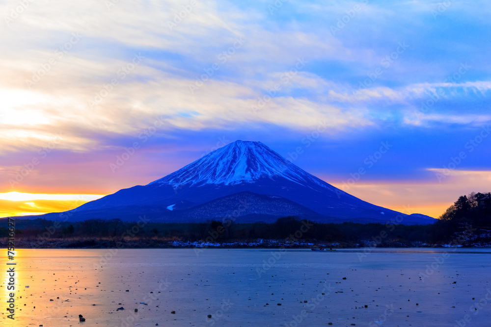 Mount Fuji and  Lake Shojiko at sunrise