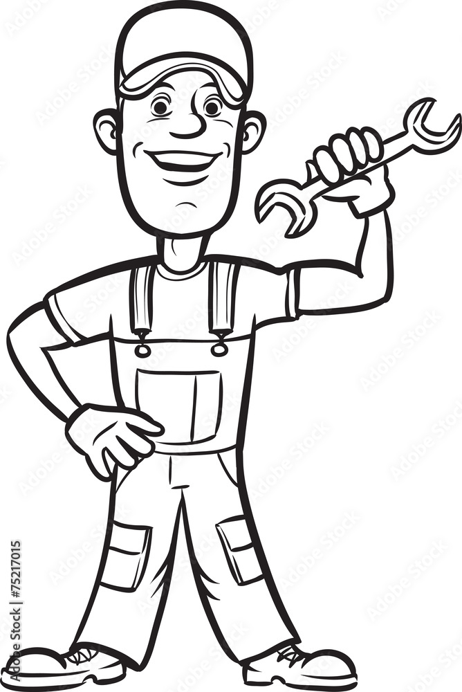 whiteboard drawing - cartoon plumber with wrench whiteboard drawing - cartoon plumber with wrench