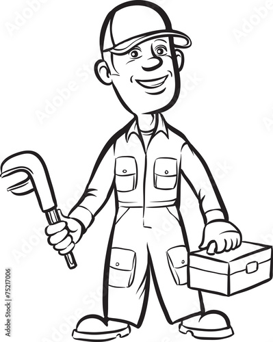 whiteboard drawing - cartoon plumber with wrench and toolbox