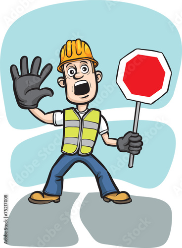 cartoon worker warning with stop sign