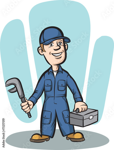 cartoon plumber with wrench and toolbox
