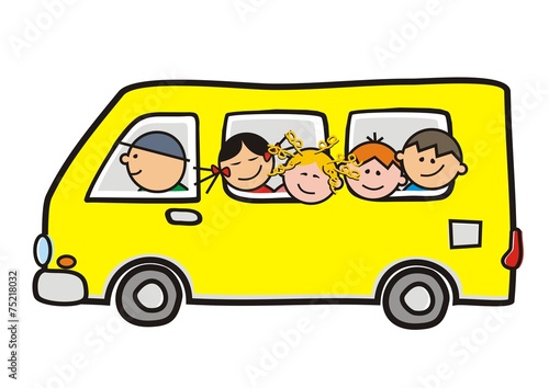school bus with little children, vector sketch