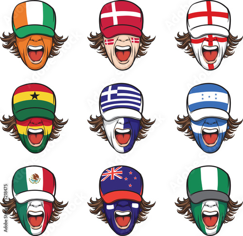 collection of screaming faces with flags on caps