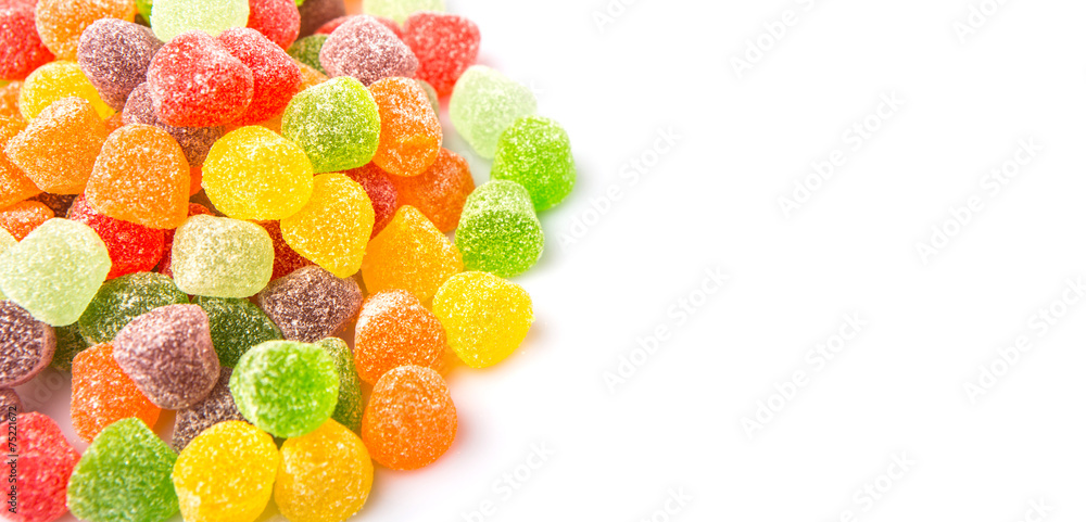 Colorful mix sugar jelly candy over white background Colorful mix sugar jelly candy over white background