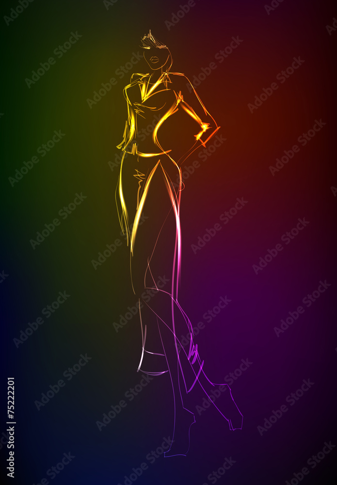 Hand-drawn fashion model from a neon. A light girl's Hand-drawn fashion model from a neon. A light girl's