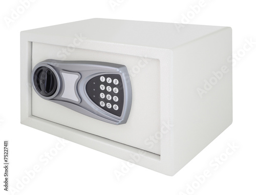 Numeric code steel safe box on white background.