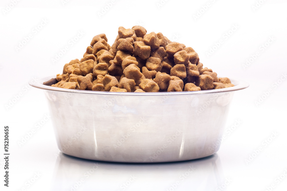 Isolated metal bowl with dog dry food. Isolated metal bowl with dog dry food.