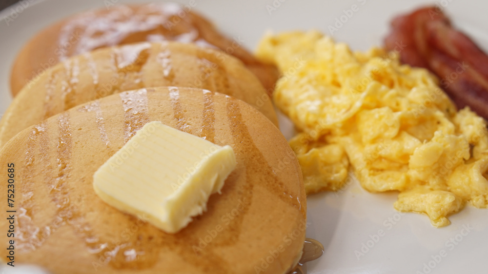 omelette bacon pancake with butter breakfast